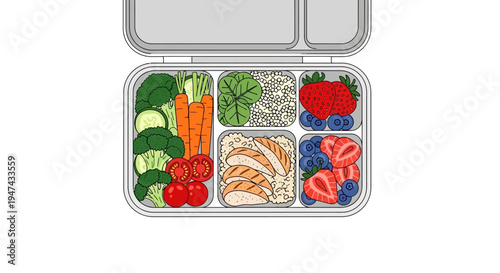 Illustration of a divided lunchbox filled with nutritious food including fruits, vegetables, and healthy snacks for a diet campaign or National Nutrition Month event
