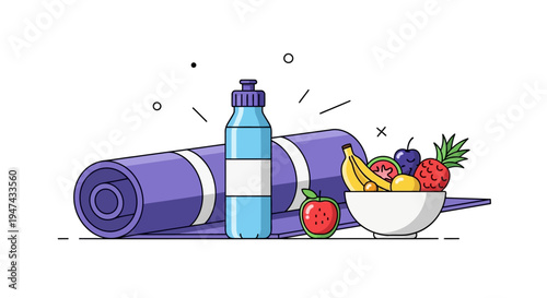 Vector illustration of a yoga mat, water bottle, and bowl of fruit for a healthy eating awareness campaign with a design promoting nutritious food and diet.