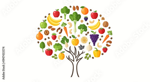 Vector illustration of a tree with a diverse array of colorful fruits and vegetables forming its foliage, symbolizing healthy eating awareness and nutrition for National Nutrition Month.