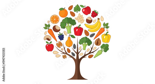 Illustration of a tree made of various fruits and vegetables for healthy eating awareness on National Nutrition Month with a design promoting nutritious food.