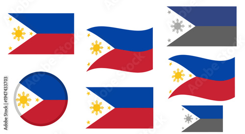 The Philippine flags are waving in various directions on a white background with blue, red, and white colors.