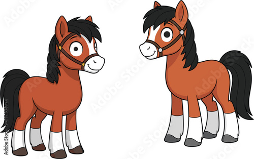 Adorable cartoon pony character set featuring two cute brown horses with white socks and bridles isolated on white background