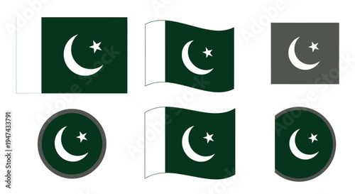 The Pakistani flag waves in various styles on a white background with different flag designs.