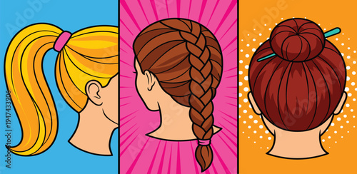 Illustrated portraits of diverse hairstyles from behind, featuring ponytails, braids, and buns, set against vibrant pop art backgrounds