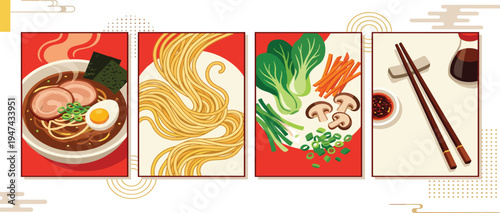 A vibrant collection illustrating the delicious journey of preparing and savoring authentic Japanese ramen, showcasing fresh ingredients and the finished hearty bowl