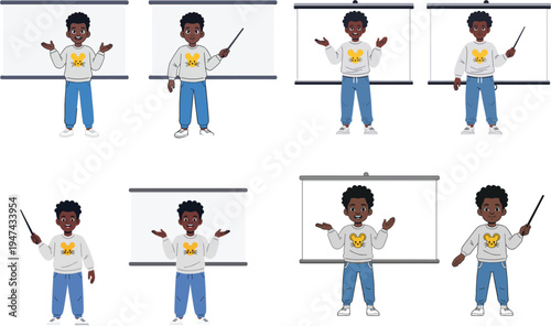Cute cartoon character set of a young boy presenting with a pointer and whiteboard isolated on white background