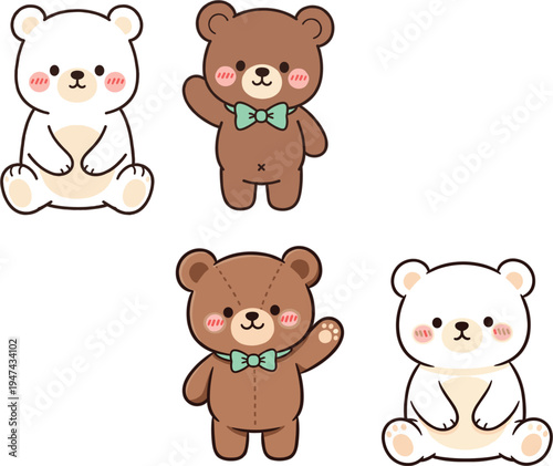 Cute teddy bear vector collection featuring a white polar bear and a brown grizzly bear with a bowtie
