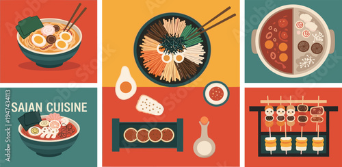 A vibrant collection of traditional Asian cuisine dishes, showcasing diverse flavors and culinary artistry in a modern, stylized presentation