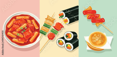 A vibrant illustration of Korean street food, showcasing spicy tteokbokki, savory skewers, and delicious snacks, embodying a rich Asian culinary experience