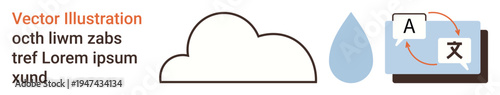 Cloud storage, global communication, technology, language translation, environmental water resources, app design. Features cloud, droplet and translation symbols. Cloud storage and global