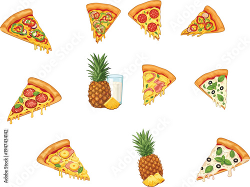 Delicious variety of Italian pizza slices with assorted toppings and fresh pineapples flat vector illustration for food menu