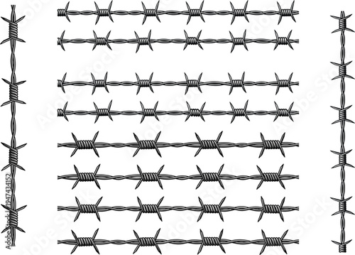Detailed vector set of metallic barbed wire segments with sharp thorns isolated on white for security design themes