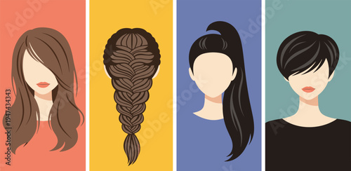 Four different hairstyles displayed on simple illustrated busts, showcasing diverse hair arrangements