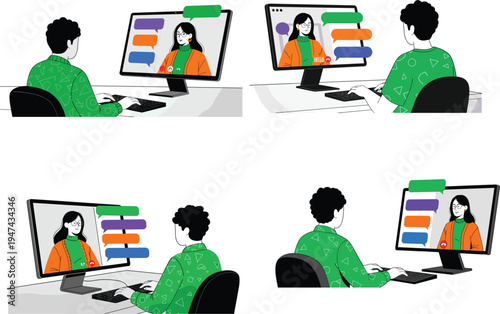 Male employee in green shirt participating in online video conference with female colleague on computer monitor isolated on white background