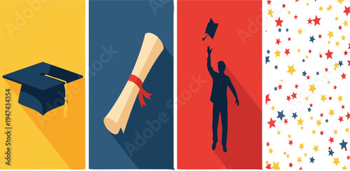 Vibrant flat design illustrations showcasing academic achievement and graduation celebration with cap, diploma, joyful graduate, and festive stars