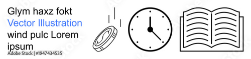 Time management, decision-making, education, scheduling, knowledge, planning. Minimalist icons of a coin, clock and open book. Time management and decision-making
