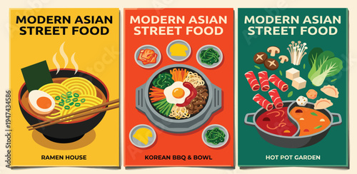 Diverse Selection of Popular Modern Asian Street Food Dishes, Including Ramen, Bibimbap, and Hot Pot, Showcasing Culinary Delights