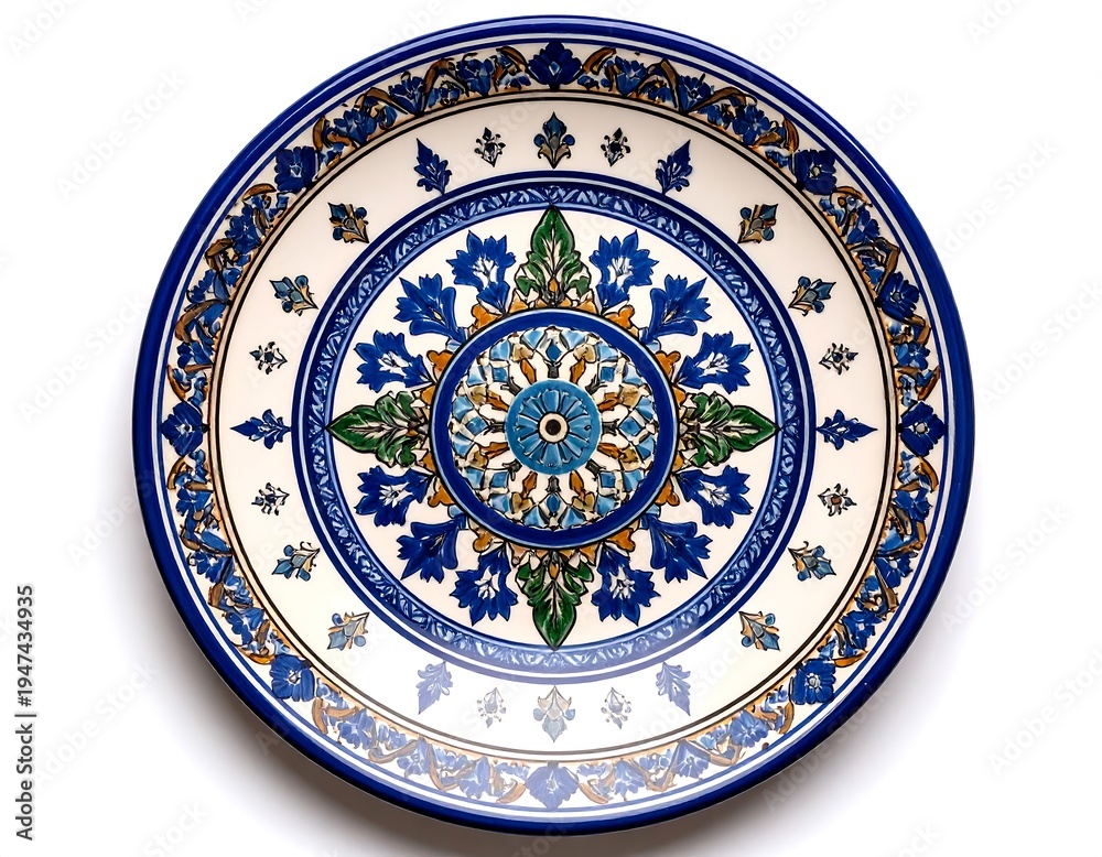 Obraz premium An overhead shot of a vibrant, circular plate with detailed floral and geometric patterns, featuring a blue, green, and gold design on a white background