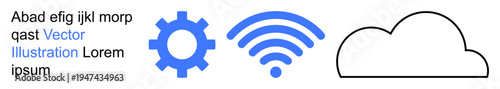 Cloud services, data sharing, wireless networking, technology infrastructure, digital communication, remote access. Gear icon, wireless signal cloud outline. Cloud services and wireless networking