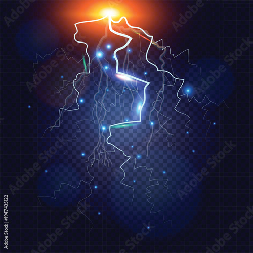 Vibrant Electric Blue and Orange Lightning Strike, set against a dark background with warm orange lens flares at the source and scattered electrical sparks