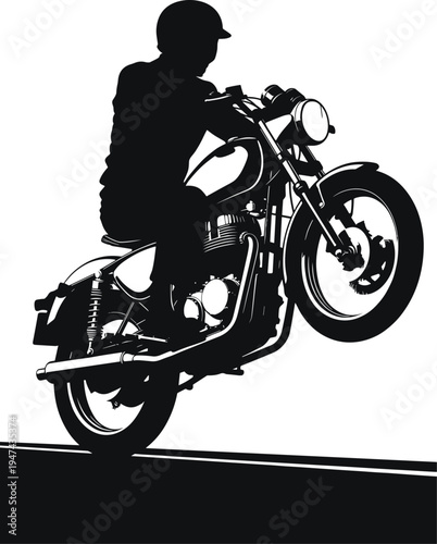 Black and White Vector Illustration of a Biker Performing a Wheelie Stunt on a Classic Motorcycle While Wearing a Helmet on the Open Road