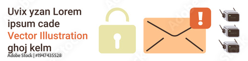 Cybersecurity, email protection, data privacy, internet safety, communication security, malware warnings. Envelope with a padlock and an alert icon. Cybersecurity and email protection