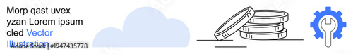 Cloud computing, data storage, financial operations, technology services, business solutions, IT integration. Cloud with coins and gear symbol. Cloud computing and data storage