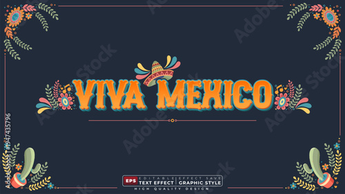 Editable 3d text effect viva mexico with sombrero and cactus for banner and template design