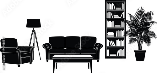 Black silhouette of modern living room furniture set with sofa armchair coffee table tripod floor lamp tall bookshelf and palm plant
