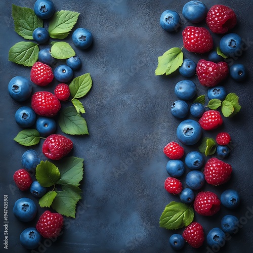 Raspberries and blueberries arranged on a dark background forming a border