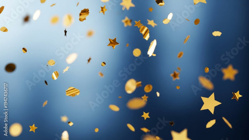 Golden confetti explosion in dark blue background with shiny stars for celebration
