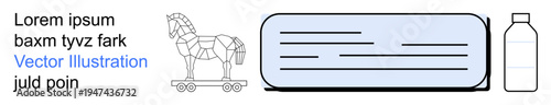 Cybersecurity, targeted advertising, product branding, digital safety, content placeholders, corporate presentations. Trojan horse, text blocks and bottle elements. Cybersecurity and targeted