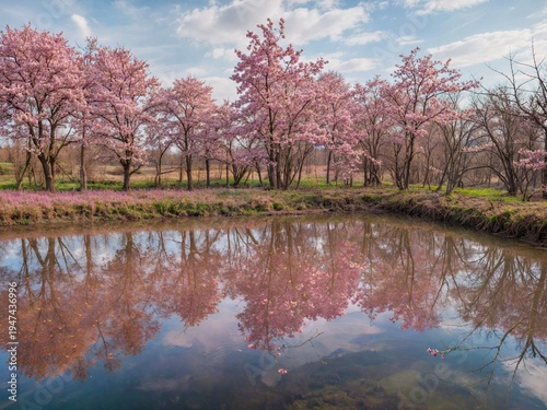 Beautiful pink trumpet trees blooming with reflection on the water pond in spring.