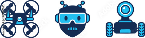 Set of 3 robotics icons vector, blue, dark blue