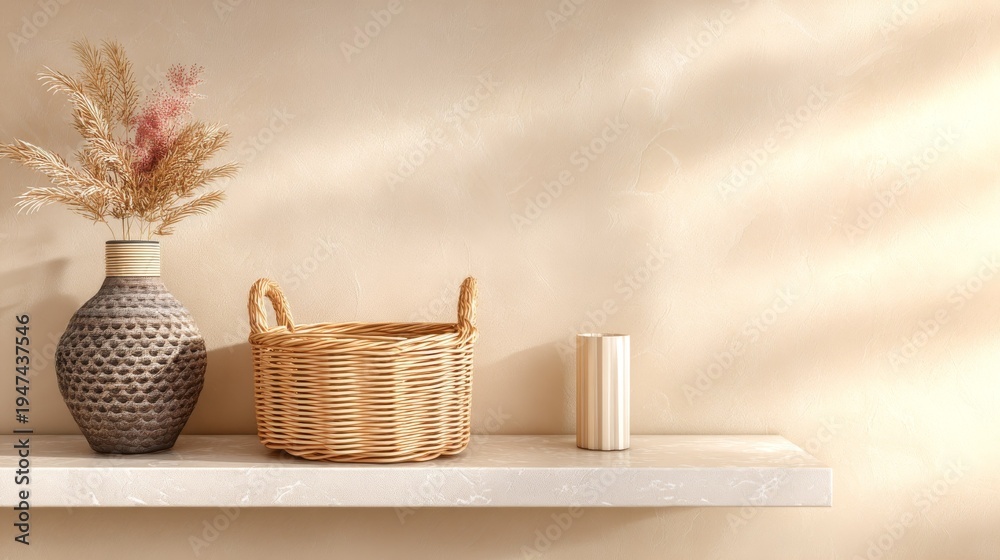 Fototapeta premium Woven wicker basket and vase on a shelf