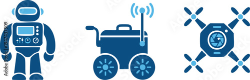 Set of 3 blue robot and machine icons vector
