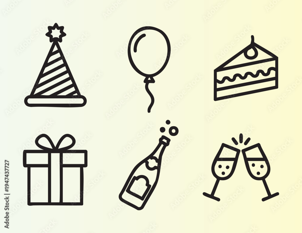 Naklejka premium Handdrawn party icons with cake balloons and gifts celebration set