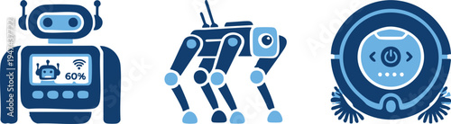 Set of 3 robot icons vector, blue, illustration