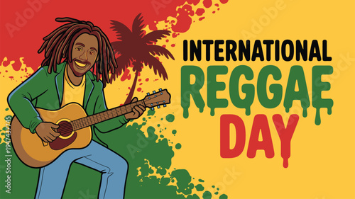 Happy person playing guitar celebrating International Reggae Day with vibrant colors