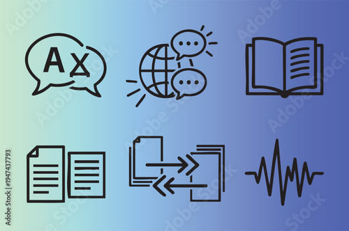 Modern education and language learning icons set isolated on gradient background
