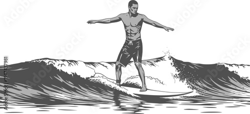 Athletic male surfer balancing on a large ocean wave illustration: Design for summer surf school flyers, extreme sports brand apparel, or tropical travel promotion posters. Transparent background EPS 
