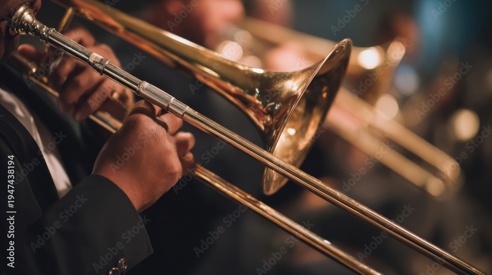 Fototapeta premium Trombone musician playing brass instrument during orchestra concert. Close-up of hands holding slide with blurred performers in background. Classical music performance on stage
