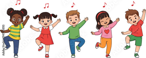 Set of cute diverse cartoon children characters dancing and singing with music notes, happy multiethnic group of kids avatars vector (20 words)