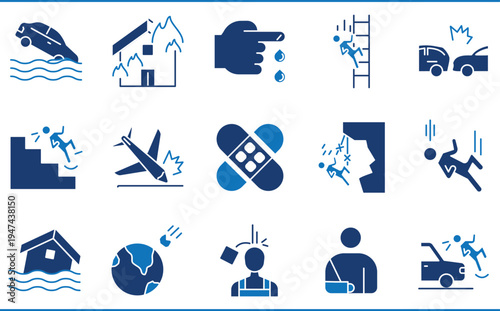 A set of icons related to Accidents. Injury, hit, fall, slipped, broken arm, cut, drown, and so on.