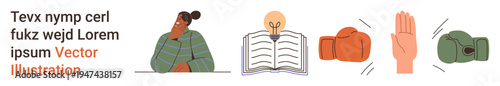 Education, creativity, decision-making, conflict resolution, self-reflection, and communication. a woman thinking, an open book with a light bulb, a handshake a stop gesture and a boxing glove