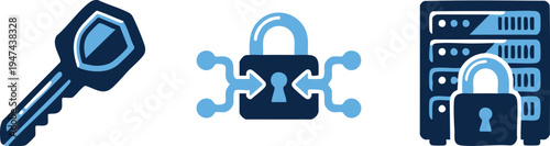 Set of 3 security icons vector, cybersecurity, lock, key
