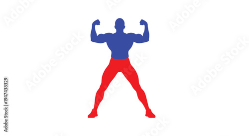 Vector graphic illustration of a strong male bodybuilder flexing biceps in an iconic wide stance pose