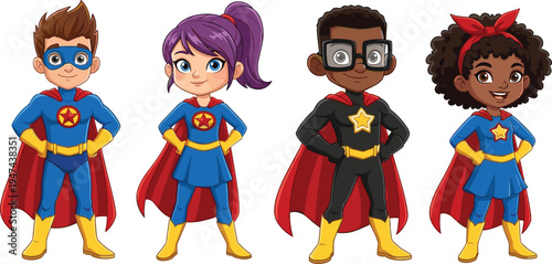Set of cute diverse cartoon kid superheroes in capes and masks, happy multiethnic group of brave children characters, vector illustration (20 words)