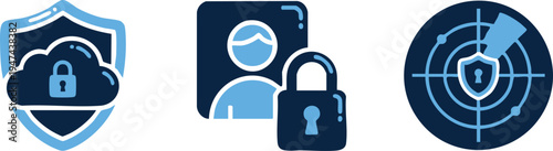Set of 3 cybersecurity icons vector, blue