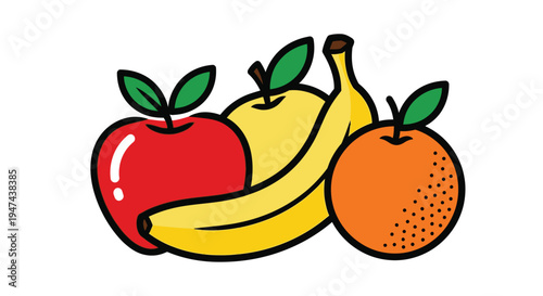 Colorful vector illustration graphic of a fresh fruit medley featuring apple, banana, and orange design.